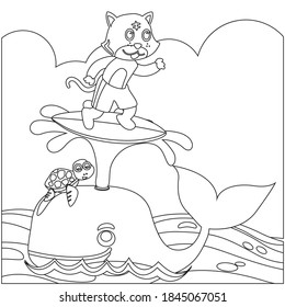 Creative vector childish Illustration of a cute Whale and cat surfer with cartoon style. Childish design for kids activity colouring book or page.