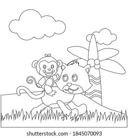 Creative vector childish Illustration of a cute kitty cat and monkey running in the junggle with cartoon style. Childish design for kids activity colouring book or page.