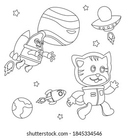 Creative vector childish Illustration of Cute little cat Astronaut in space wearing space suits with cartoon style. Childish design for kids activity colouring book or page.