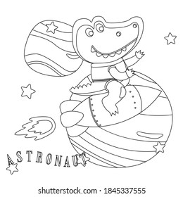 Creative vector childish Illustration of Cute little aligator Astronaut in space wearing space suits with cartoon style. Childish design for kids activity colouring book or page.