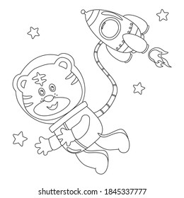 Creative vector childish Illustration of Cute little tiger Astronaut in space wearing space suits with cartoon style. Childish design for kids activity colouring book or page.