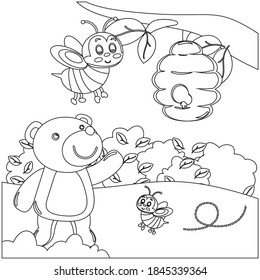 Creative vector childish Illustration. Cute bear with honey. Bear and bees. with cartoon style. Childish design for kids activity colouring book or page.