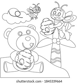 Creative vector childish Illustration. Cute bear with honey. Bear and bees. with cartoon style. Childish design for kids activity colouring book or page.