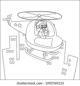 Creative vector childish Illustration of a cute cat on a helicopter. Childish design for kids activity colouring book or page.