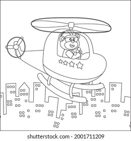 Creative vector childish Illustration of a cute bear on a helicopter. Childish design for kids activity colouring book or page.