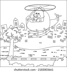 Creative vector childish Illustration of a cute little fox on a helicopter. Childish design for kids activity coloring book or page.
