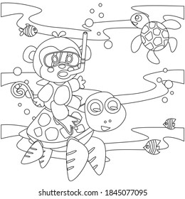 Creative vector childish Illustration. Diving with funny monkey and turtle with cartoon style. Childish design for kids activity colouring book or page.