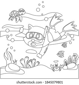Creative vector childish Illustration. Diving with funny cat and turtle with cartoon style. Childish design for kids activity colouring book or page.