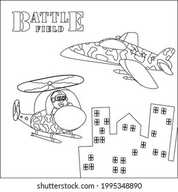 Creative vector childish Illustration of a funny animal pilot on military helicopter Childish design for kids activity colouring book or page.
