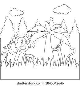Kreative Vektorkinder Illustration eines glücklichen Affen mit Banane. Kinderdesign für Kinder Aktivität Farbbuch oder Seite.