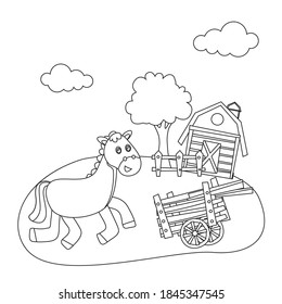 Creative vector childish Illustration. Illustration of horses on a field in the farm scene with cartoon style. Childish design for kids activity colouring book or page.