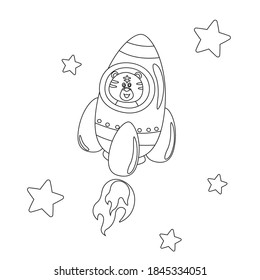 Creative vector childish Illustration of a rocket and littletiger, fence, trees cloud. with cartoon style. Childish design for kids activity colouring book or page.