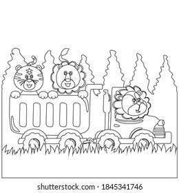 Creative vector childish Illustration of a wild animal riding a red truck in the jungle with cartoon style. Childish design for kids activity colouring book or page.