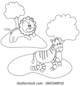 Creative vector childish Illustration. Zebra and lion runing in the field illustration. with cartoon style. Childish design for kids activity colouring book or page.
