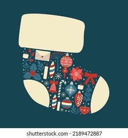 Creative vector clip art of Christmas sock from different elements. Illustrations of new year tree toy, flower, mistletoe, bow, envelope, snowflake. Print for greeting card, party invitation, banners.