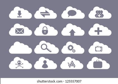 a creative vector cloud set with skull, gears, lock, tv, speech bubble, arrows, magnifier, bag, man adn plus