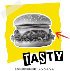 Uma ilustração de colagem vetorial criativo com um hambúrguer de meio-tom colado em um fundo de papel rasgado amarelo. Este design estético grunge inclui uma seta vermelha desenhada à mão e o texto "SABOROSO" em um estilo de tipografia retro nota de resgate. Perfeito para impressões de camisetas de rua, menus fast food, cartazes urbanos e adesivos.