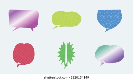 A creative vector collection of colorful textured paper-style speech bubbles and dialog frames. Features a purple-pink gradient banner bubble, light-green cloud-shaped chat box, blue zigzag-textured speech frame, red textured circular bubble, green starburst explosion frame, and a soft pastel gradient oval speech bubble. Ideal for comic art, web UI elements, social media graphics, sales tags, and promotional banners.

#SpeechBubble #VectorArt #GraphicDesign #ComicBubbles #TextFrame #ChatBox #DesignElements #CreativeVector #DialogBox #Illustration #WebDesign #BannerDesign #SocialMediaGraphics #PaperCutDesign #VectorGraphics