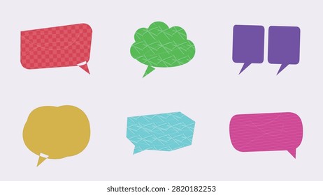 A creative vector collection of colorful textured speech bubbles and chat frames. Features a red checkered bubble, green cloud speech frame, double purple chat boxes, yellow oval dialog bubble, textured cyan geometric frame, and a pink speech box. Ideal for comic designs, social media posts, promotional banners, web graphics, and UI design.

#SpeechBubble #VectorArt #GraphicDesign #ComicBubbles #TextFrame #ChatBox #DesignElements #CreativeVector #DialogBox #Illustration #WebDesign #BannerDesign #SocialMediaGraphics #PaperCutDesign #VectorGraphics