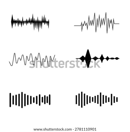 Creative vector collection featuring abstract audio waveforms, sound signal patterns, music frequency graphics, and digital equalizer elements in modern monochrome style. This editable illustration pack includes voice wave designs, acoustic pulse visuals, oscillation patterns, sound recording graphics, frequency modulation symbols, and electronic audio signal concepts suitable for music production, podcast branding, DJ projects, recording studios, streaming platforms, multimedia applications, technology presentations, web interfaces, mobile apps, and digital communication themes. Clean isolated vector artwork with dynamic waveform structures ideal for contemporary design and professional media projects.