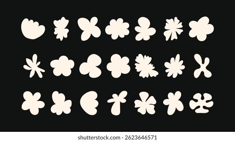 Kreative Vektorsammlung von handgezeichneten Symbolen - Sterne, Blumenmotive, geometrische Abzeichen und Designelemente für Verpackung, Branding, Drucke und Webgrafiken.