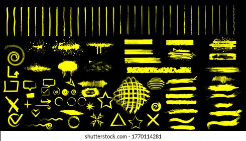Creative vector collection illustration of stain strokes, hand drawn yellow highlight japan marker lines. Highlighter marks. Hand drawn yellow highlight marker signs.Abstract graphic stylish element.