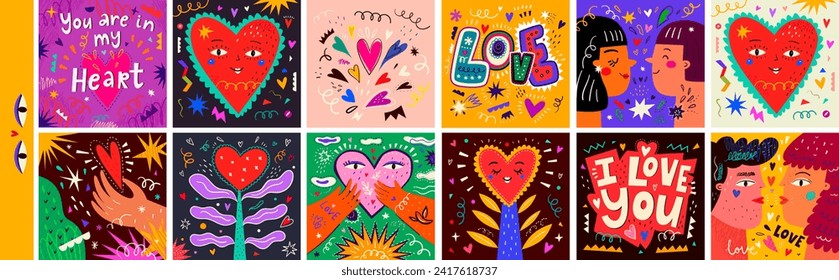 Creative vector collection of illustrations for theme of love. Valentines Day illustrations. Collection of 12 bright funny greeting cards with hearts and people for Valentines Day