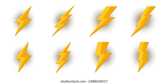 Colección de Vector creativo de los relámpagos y la ilustración de la energía eléctrica. Abstractas símbolo de dibujos animados para flash, relámpago, rayo, rayo, energía y electricidad en estilo plano para App y Sitio web