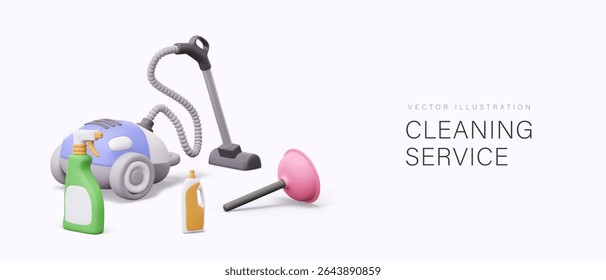 Creative vector composition for cleaning service. Realistic vacuum cleaner, plunger, spray, plastic bottle. Packaging with blank labels for advertising concepts