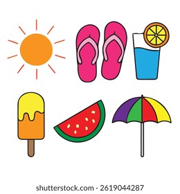 A creative vector composition displaying diverse summer items, including swimsuits, coconuts, umbrellas, sandals, and starfish, great for banners and invitations.

