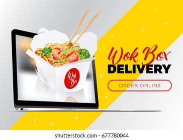 Creative Vector Concept of Food Delivery Banner. Order Wok Box Online. Asian Noodle Box Appear from Laptop. Fast Food Banner for Chinese Restaurant, Delivery Service.