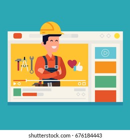 Creative vector concept on DIY personal video channel. Manual labor specialist is sharing crafting experience by uploading hand made and craft project videos on his vide sharing service profile