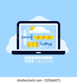 Creative vector concept of responsive web design with planes flying in the sky. Figurative illustration for websites, mobile apps and printed materials