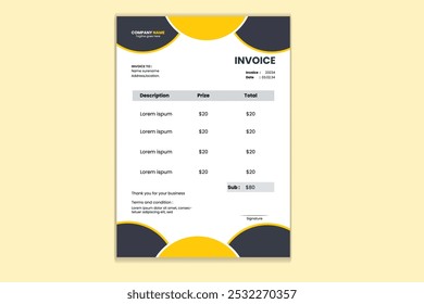Vector creativo Factura Corporativa de negocios Diseño Plantilla Factura Profesional pago Acuerdo diseño, factura corporativa hoja de cálculo Comprobante y Facturas para Cliente 