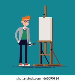 Creative vector design with artist ready to work with empty canvas on easel