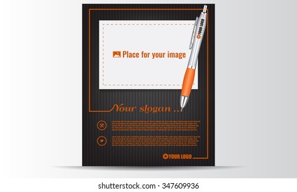 Creative vector design of dark flyer and picture place with writing pen. Poster template for your business.
