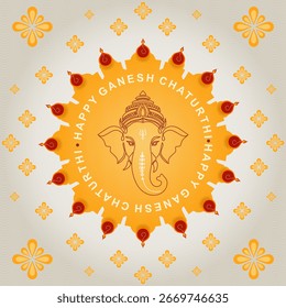 Creative vector design for Ganesh Chaturthi celebration featuring Lord Ganesha illustration, diya lamps, mandala pattern, and festive background. Perfect for posters, invitations, and greeting cards.