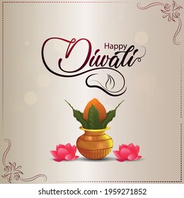 Creative vector design of happy diwali with creative kalash and lotus flower
