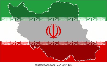 Creative vector design of Iran map silhouette filled with national flag colors and emblem, placed over full Iranian flag background. Ideal for educational, political, and cultural content.
