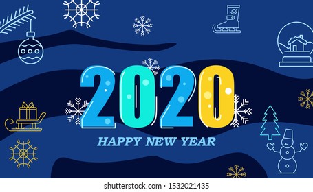 Creative vector design for New Year theme. Poster with set of linear thin icons. Design postcards, greetings or other materials for your projects.