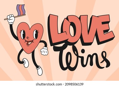 Creative vector design of poster with happy 30th cartoon heart with inclusion, lgbtq flag and phrase Love Wins on pink background