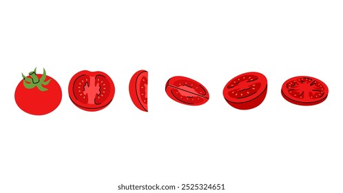 Creative vector design of a red tomato, with detailed slices, cut views, and full tomato illustrations for food art
