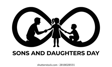 A creative vector design for Sons and Daughters Day showing a father and his children holding hands inside an infinity symbol to represent an eternal family bond.
