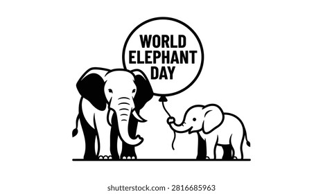 A creative vector design for World Elephant Day showing an adult elephant and a cute baby elephant holding a balloon, representing family bonds and wildlife protection.