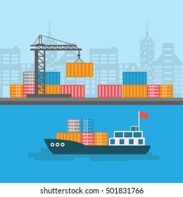 Creative Vector Detailed Container Ship At Freight Port Terminal Unloading Merchant Marine Background, Boat, Cranes, Trucks. Ideal For Web Site Or Social Media Network Cover Profile Image.