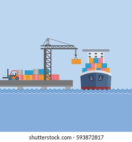 Creative Vector Detailed Container Ship At Freight Port Terminal Unloading Merchant Marine Background, Boat, Cranes, Trucks. Ideal For Web Site Or Social Media Network Cover Profile Image