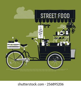 Creative vector detailed graphic design on street food with retro looking vending bicycle cart with awning, refreshments, bowls, bottles, wooden crate on rear rack and more | Mobile cafe illustration svg