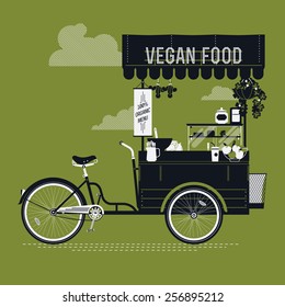 Creative vector detailed graphic design on vegan food with retro looking vending bicycle cart with awning, refreshments, bowls, bottles, wooden crate on rear rack and more | Mobile cafe illustration svg