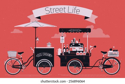 Creative vector detailed graphic design on street life with coffee and ice cream vending bicycle carts with espresso machine, sirup bottles, disposable cups and more. Subtle rough paper texture svg