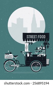 Creative vector detailed printable poster or banner template on street food with retro looking vending bicycle cart with awning on abstract city silhouette background svg